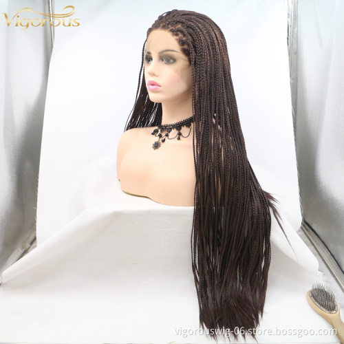 Long straight black cheap wholesale high guality heat resistant synthetic braided wig with lace front